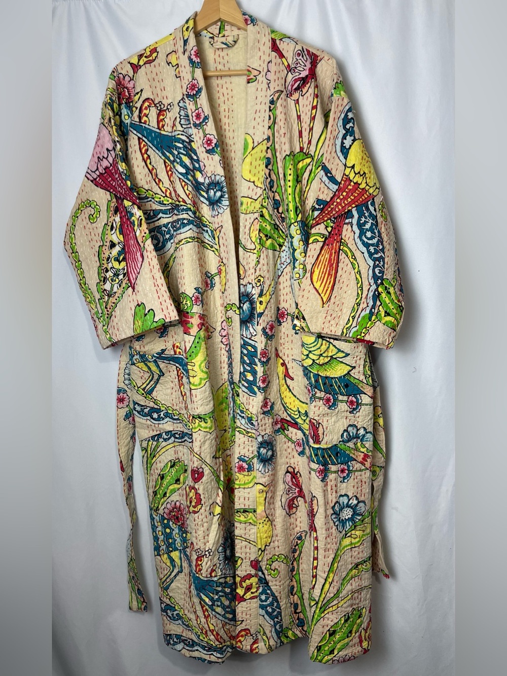 Kantha Robe Kimono Bird Floral Print Cotton Duster Belted One Size